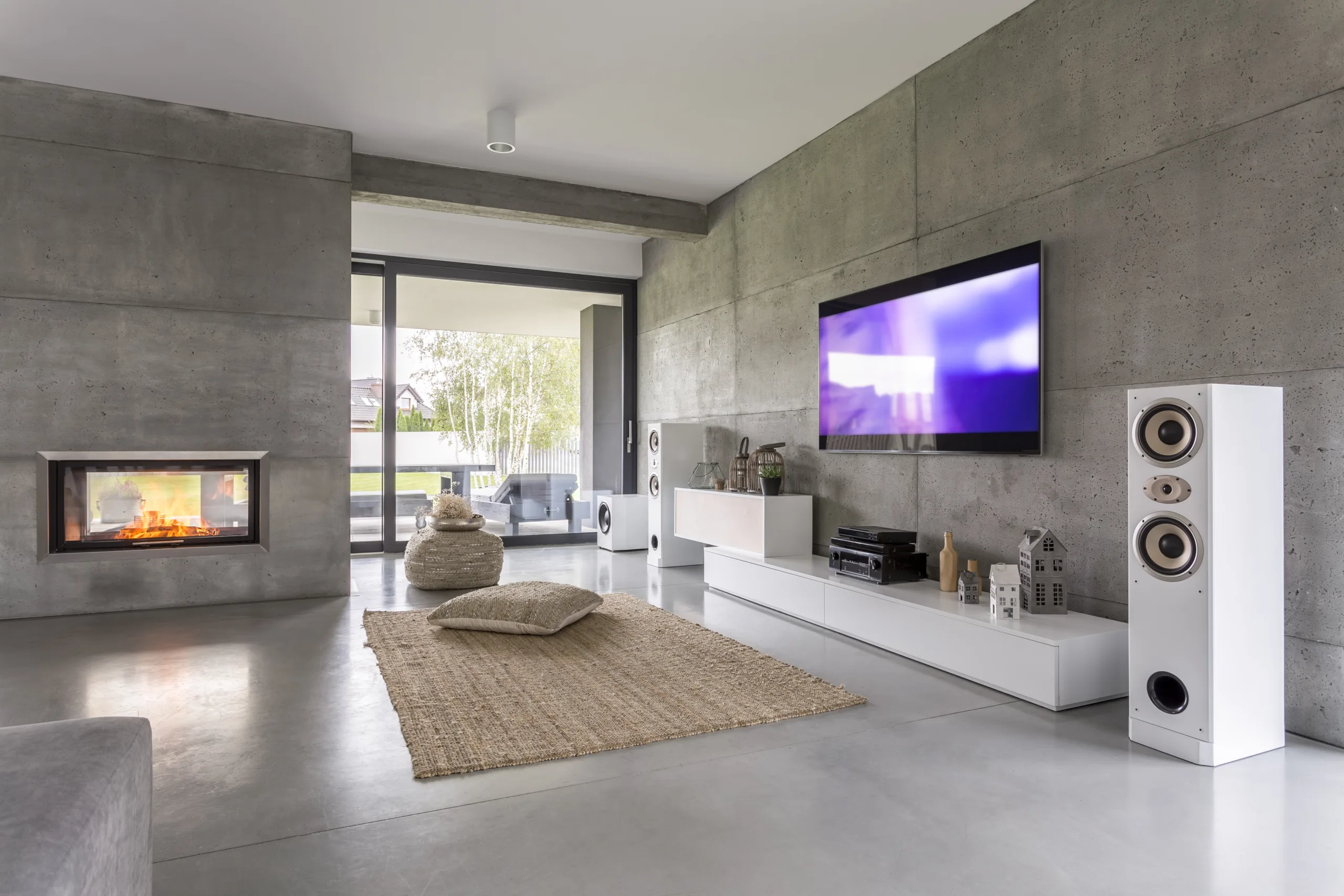 A modern living room with concrete walls and a fireplace.